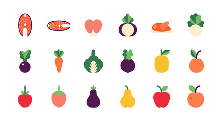 Healthy Food Icons Set of Organic Vegetables Fruits Proteins and Whole Grains
