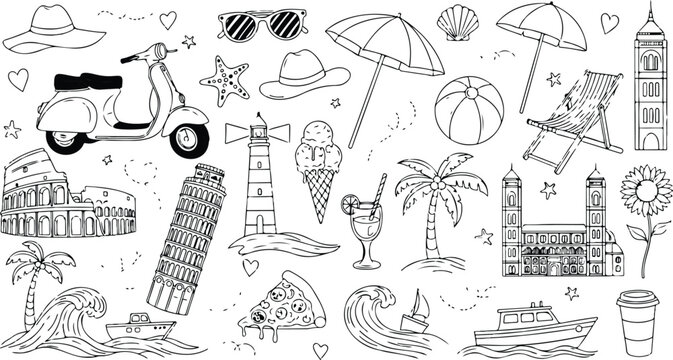 Italian summer vacation doodle style illustration set. Vector ink hand drawn Italy coast sea or beach print elements. Coastal weekend rest collection for invitations to beach party, picnic, wedding