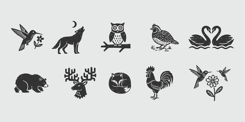 Artisanal Woodcut Animal Icons: Nature's Charming Silhouette Collection © blackplatesart