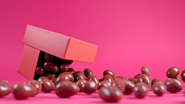 Chocolate eggs spilling from open gift box on bright pink backdrop festive holiday candy composition