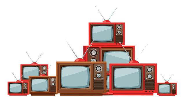 A collection of vintage red and brown televisions with rabbit ear antennas is stacked in a pyramid shape against a white background.