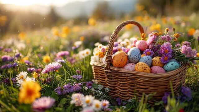 Easter picnic in blooming meadow with basket of colorful eggs sunny spring celebration outdoors