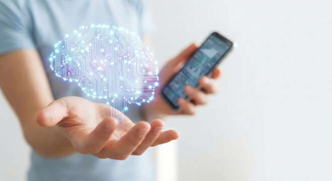 Close-up of a woman's hand turned palm up, a glowing computer brain pattern hovers above the hand. In the other hand, the woman holds a smartphone, her body is blurred. White wall background