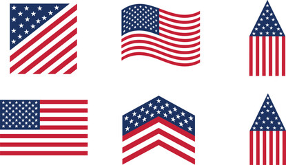 United States Flag Icon Set with Waving, Shield, Chevron and Geometric USA Patriotic Symbol Designs Vector Illustration