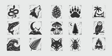 Fototapeta premium Rustic Nature Icons Collection - Wilderness Engravings Vector Set