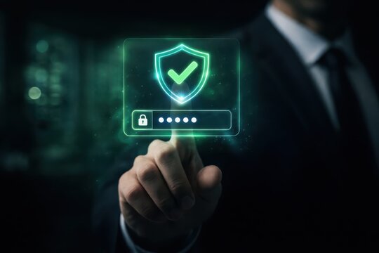 Businessman enabling secure login with shield icon and checkmark