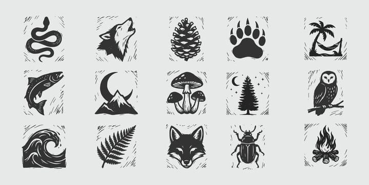 Rustic Nature Icons Collection - Wilderness Engravings Vector Set