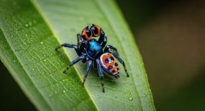 Macro shot of a colorful peacock spider with vibrant blue and orange patterns on a green leaf.