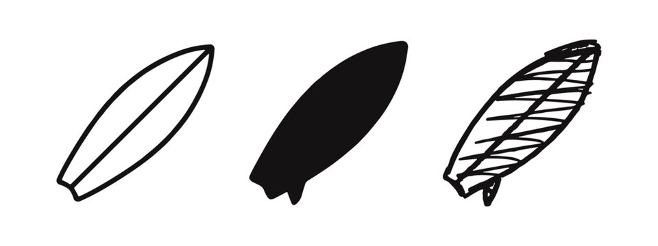 Surfboard icons set. Hand drawn outline, filled, and doodle style surfing boards. Summer beach sport equipment symbols.