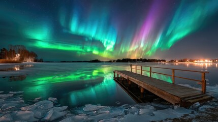 Breathtaking Auroras Dance Over Serene Lake at Night, Showcasing Vibrant Greens, Purples, and Blues Reflected on Ice and Water Near Cozy Cabin Retreat