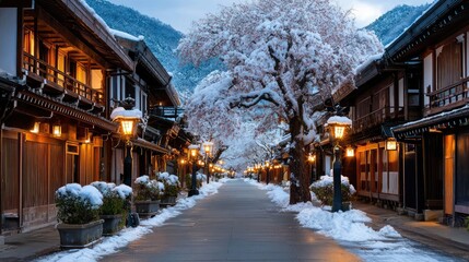 Fototapeta premium Serene Winter Street View in a Traditional Japanese Town Surrounded by Snow-Covered Cherry Blossom Trees and Warm Glowing Lanterns at Dawn