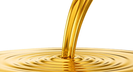 Golden liquid pouring and creating ripples isolated on transparent background