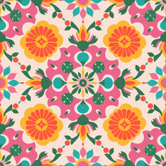 vector seamless repeating rangoli pattern in flat vector style. The design features symmetrical geometric shapes, floral motifs, peacocks, lotus flowers, and traditional oil lamps (divas).