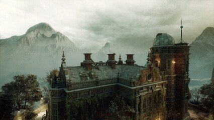 Rooftop crest showing carved details, ornate stonework and relief patterns, weathered textures highlighted against misty mountain backdrop, intimate © icetray