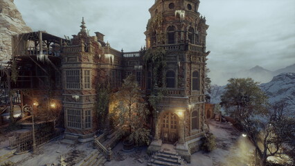 Fototapeta premium abandoned stone manor perched on cliffside, warm lanterns glowing through arched windows, narrow terraces cascading toward mountain valley, leafless trees