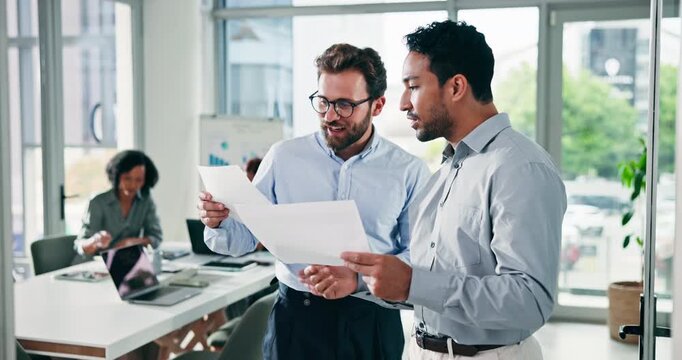 Business, people and meeting with document in office for discussion, planning and finance report. Team, men and talking with paperwork of budget review, financial audit and smile for funding proposal