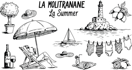Italian summer vacation doodle style illustration set. Vector ink hand drawn Italy coast sea or beach print elements. Coastal weekend rest collection for invitations to beach party, picnic, wedding © BushraTech