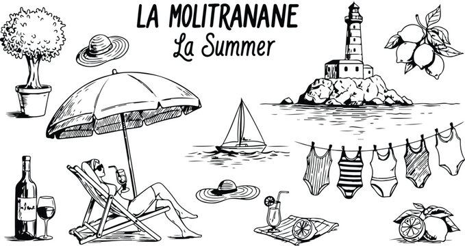 Italian summer vacation doodle style illustration set. Vector ink hand drawn Italy coast sea or beach print elements. Coastal weekend rest collection for invitations to beach party, picnic, wedding
