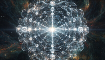 Cosmic nebula with radiating energy streaks and glowing particles in space