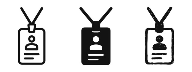 ID badge icon set in various styles: outline, glyph, and hand-drawn. Identification card symbols. © ICONS FOR YOU