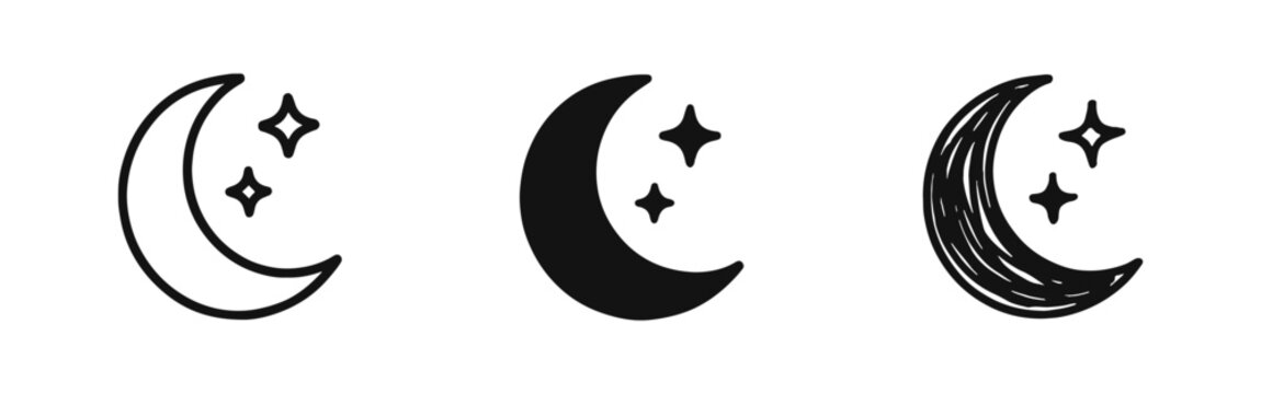 Moon and stars icon set in various styles: outline, glyph, and hand-drawn. Night sky and sleep symbols.
