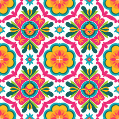 vector seamless repeating rangoli pattern in flat vector style. The design features symmetrical geometric shapes, floral motifs, peacocks, lotus flowers, and traditional oil lamps (divas).
