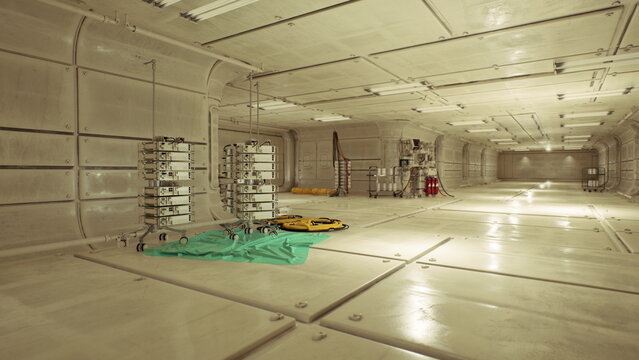 maintenance tools and tarp spread across interior deck, wiring and toolbox staged for repair work, safety gear and temporary setup creating industrious scene