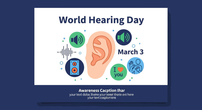 World Hearing Day awareness poster with ear and sound icons
