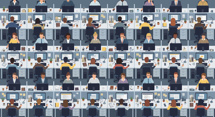 Large group of diverse office workers sitting at desks in cubicles and working on computers in a busy open-plan corporate environment, a flat design vector illustration