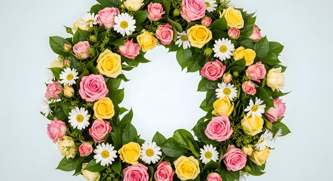 Floral wreath with pink roses yellow roses and daisies a beautiful circular arrangement for spring decoration wedding invitations or funeral tributes isolated on white