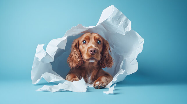 a little dog emerging from torn paper