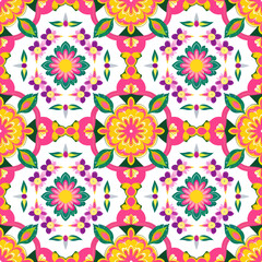 vector seamless repeating rangoli pattern in flat vector style. The design features symmetrical geometric shapes, floral motifs, peacocks, lotus flowers, and traditional oil lamps (divas).