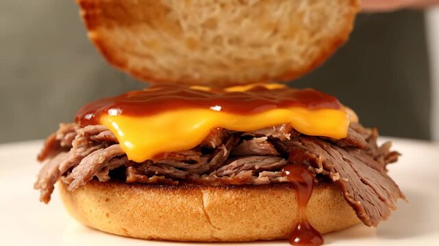 Sequence of making a delicious roast beef sandwich with melted cheddar cheese and bbq sauce. Classic american fast food meal perfect for a restaurant menu or advertisement