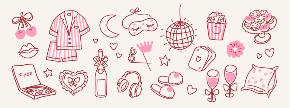 Cute pajama party doodle illustration set. Hand drawn cozy elements for invitations, greeting cards, stickers and party design.
