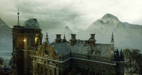 aerial rooftop panorama capturing misty mountain dawn. layered rooflines and chimneys create strong foreground interest, soft light filters through low clouds, © icetray