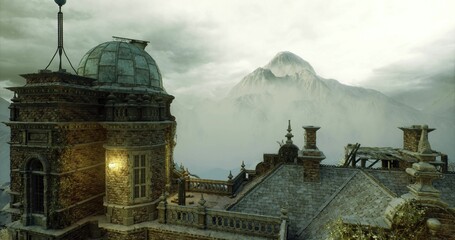 golden hour observatory rooftop warm glow, amber light spilling from dome window across ornate chimneys and stone parapets, misty mountain backdrop and tranquil © icetray