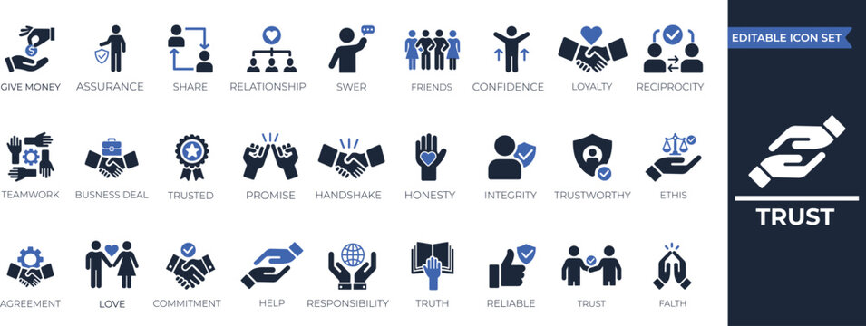 Trust icon collection. handshakes, hearts, reliability, security, promise, trustworthy, friends, truth, faith, and partnership. Best vector icons Collection.