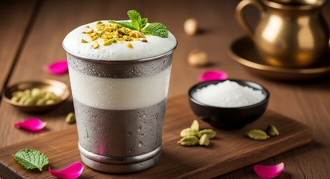 Ramadan iftar drink traditional rooh afza sharbat with cream and nuts fasting refreshment