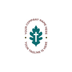 Obraz premium Green Oak Leaf Logo With Christian Cross Symbol