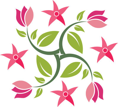 Pink floral branch with blossoms and leaves decorative botanical flat vector illustration