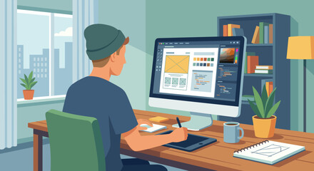 Young male graphic designer creating a website layout on a computer, using a graphic tablet and stylus in a modern home office with a city view from the window