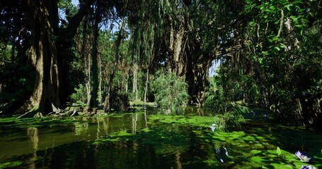 Sunlit lagoon with floating algae and roots examined by scientist, Researcher studying plant development and water quality in sunlit mangrove wetland