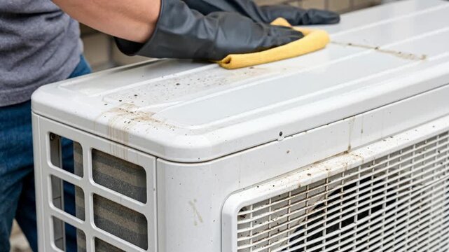 person wearing protective gloves wiping dirty outdoor air conditioner unit with microfiber cloth performing maintenance and cleaning