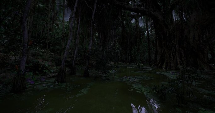 foggy marsh with low light and spectral haze, waterlogged ground and distant silhouettes of trees create haunting, suspenseful ambiance for gothic or horror
