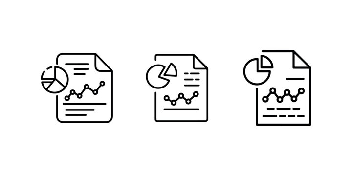 Data report line icons set featuring document with pie chart and line graph representing financial statistics business analytics and growth performance