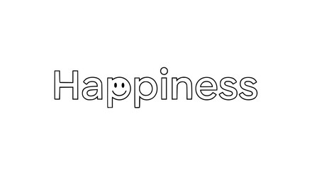 Minimal &ldquo;Happiness&rdquo; typography, simple sans serif font, small smiley face replacing dot detail, flat vector style, bright yellow accent, clean bold outline