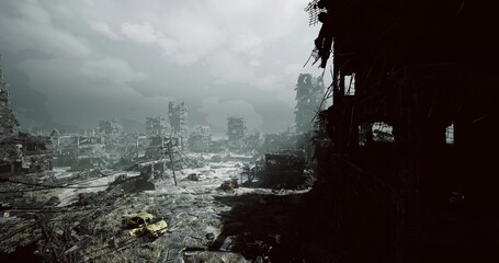 Fototapeta premium entrance ruin opening onto shattered skyline, dark porch view contrasts with pale distant towers, wet ground reflects broken light, composition invites urban