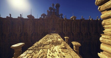 sunward fortress skyline dominated by towers and crenellated ramparts, bright glare and high contrast, expansive vista of spires and parapets, intense heat © icetray