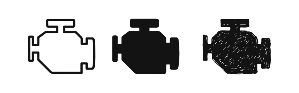 Car Engine Icons Set in Outline, Solid, and Hand-Drawn Styles for Automotive Design