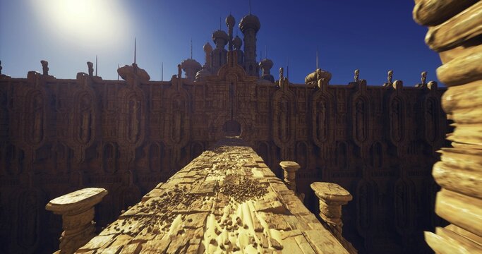 sunward fortress skyline dominated by towers and crenellated ramparts, bright glare and high contrast, expansive vista of spires and parapets, intense heat